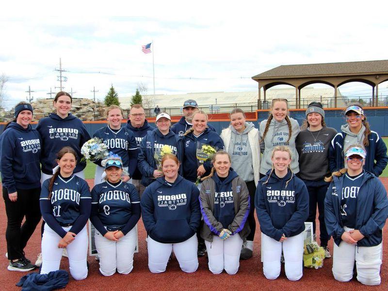 The softball team at Penn State DuBois gather for a team photo at Heindl Field in DuBois.